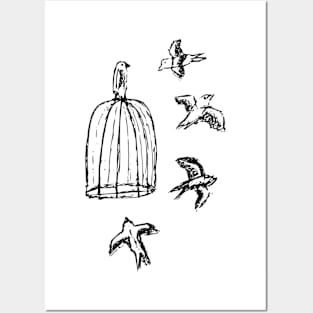 Birds flying around a cage Posters and Art